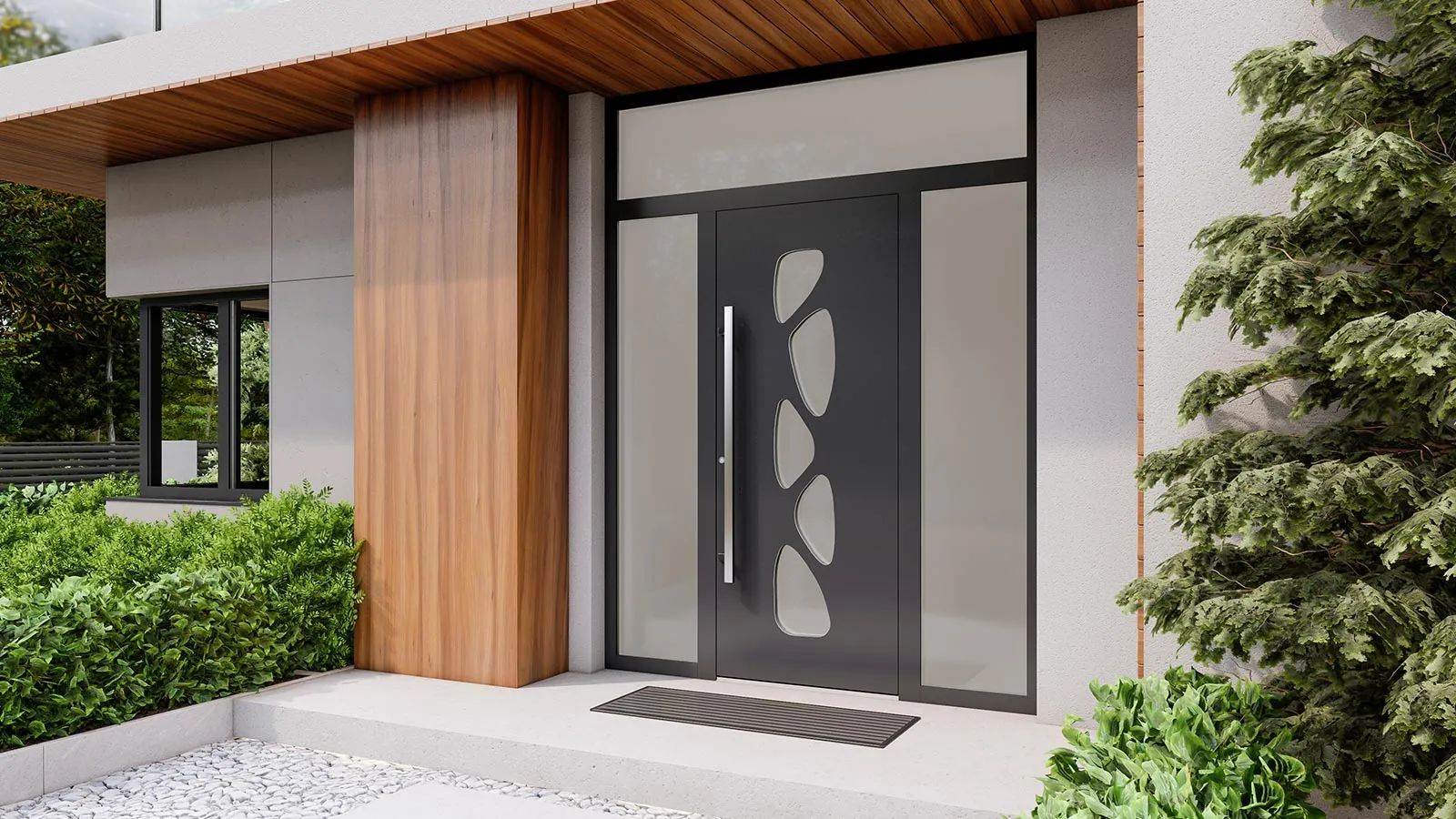Moderne DRUTEX MB-86N SI Aluminium-Haustür mit großen Seitenelementen und exklusivem Design an einem hochwertigen Einfamilienhaus in Mecklenburg-Vorpommern