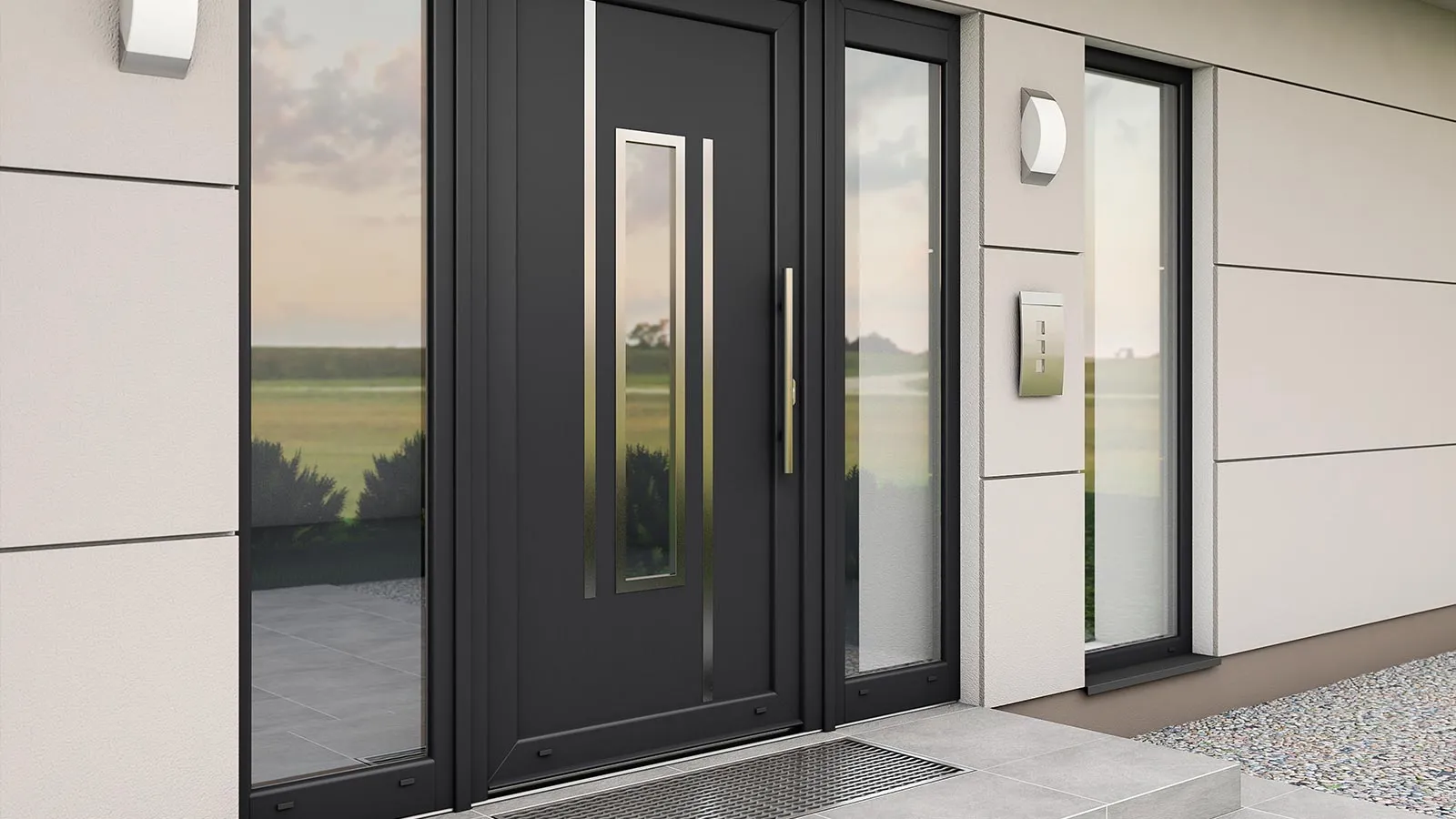 Moderne anthrazitfarbene DRUTEX IGLO 5 Haustür mit Seitenelementen an einer stilvollen Hausfassade