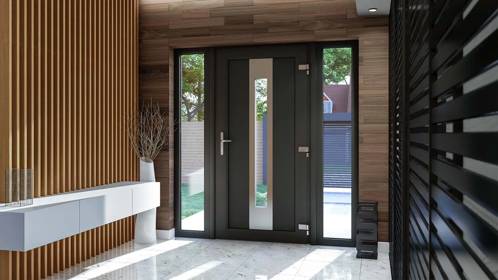 Moderne DRUTEX Haustür mit Seitenelementen in elegantem Eingangsbereich eines hochwertigen Einfamilienhauses